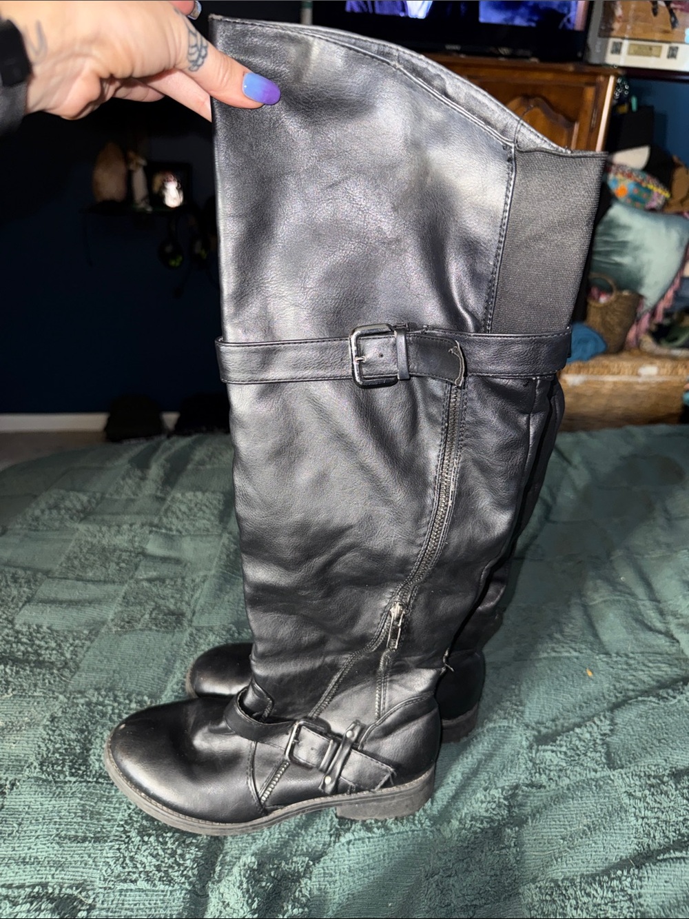 Classic Black Knee-High Buckle Riding Boots - Women